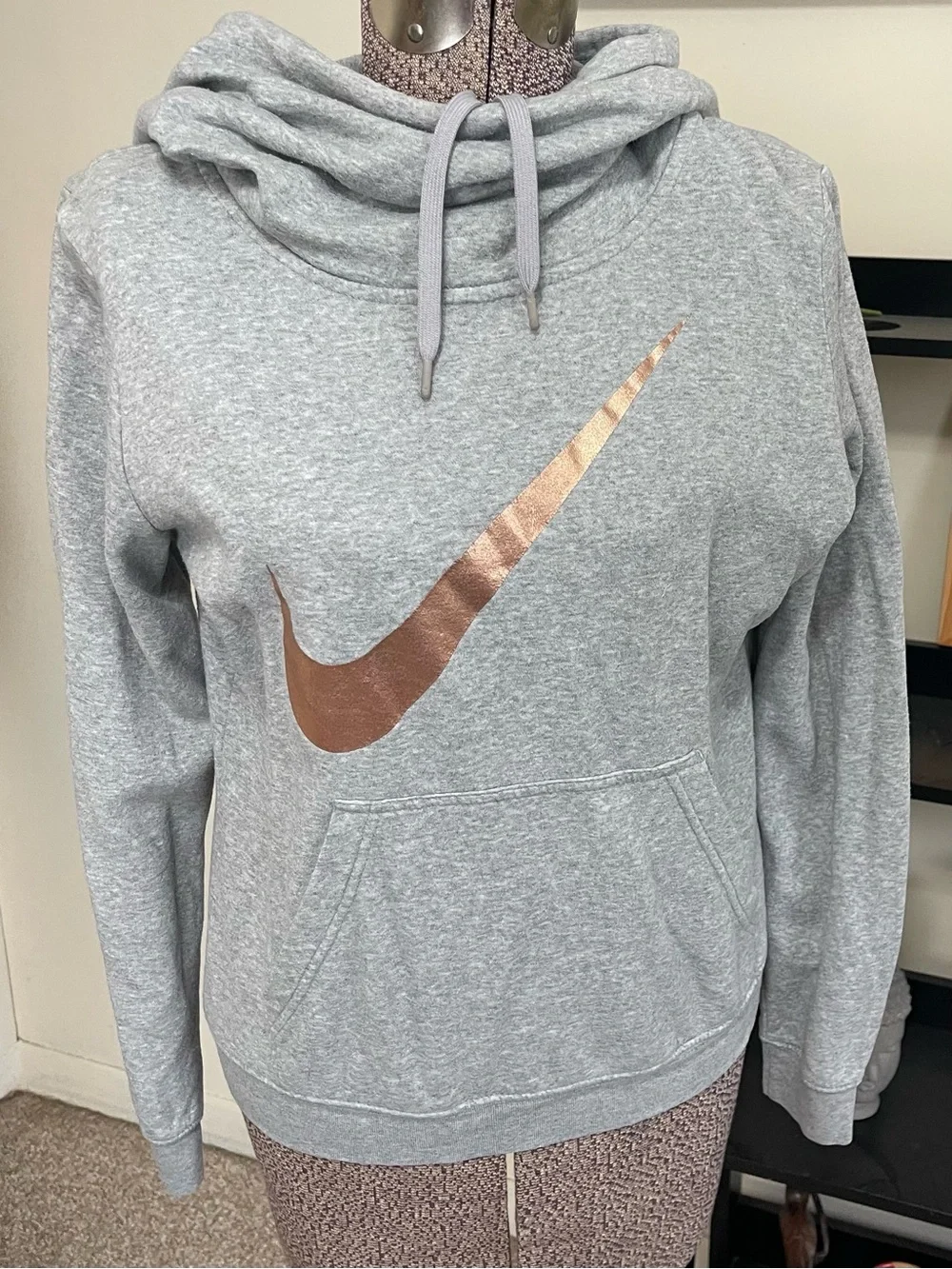 Nike Light Gray Funnel Neck Hoodie with Rose Gold Swoosh